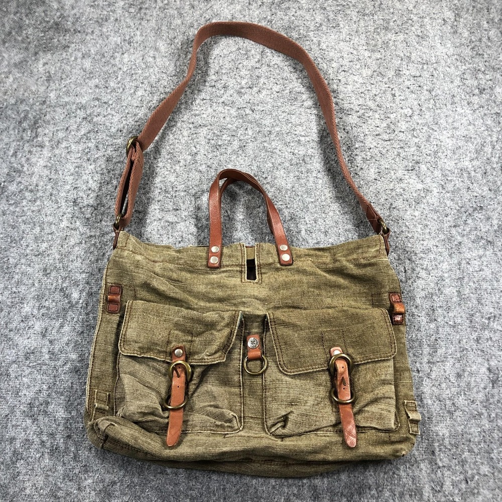 Lucky Brand Messenger Bag Womens Large Green Linen Cotton Leather Crossbody